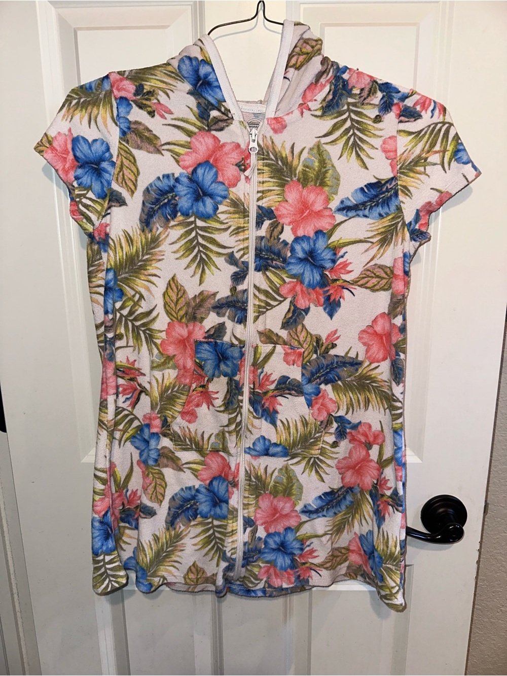 Wonder Nation White Hoodie Cover-Up with Pink, Blue & Green Floral Accents Sz L